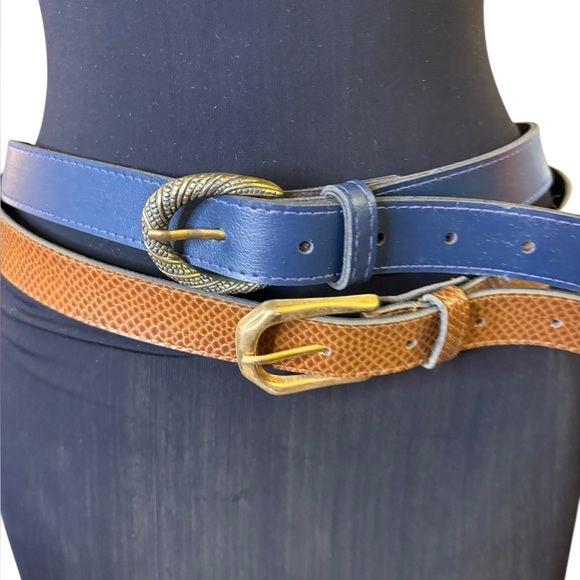 Vintage Blue and Brown Leather Belts with Gold Buckles - Picture 5 of 10
